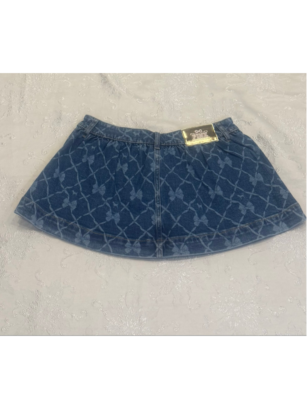 Love Shack Fancy x VS PINK Flirty Denim Mini Skirt Bow Print Size Medium - Picture 4 of 7